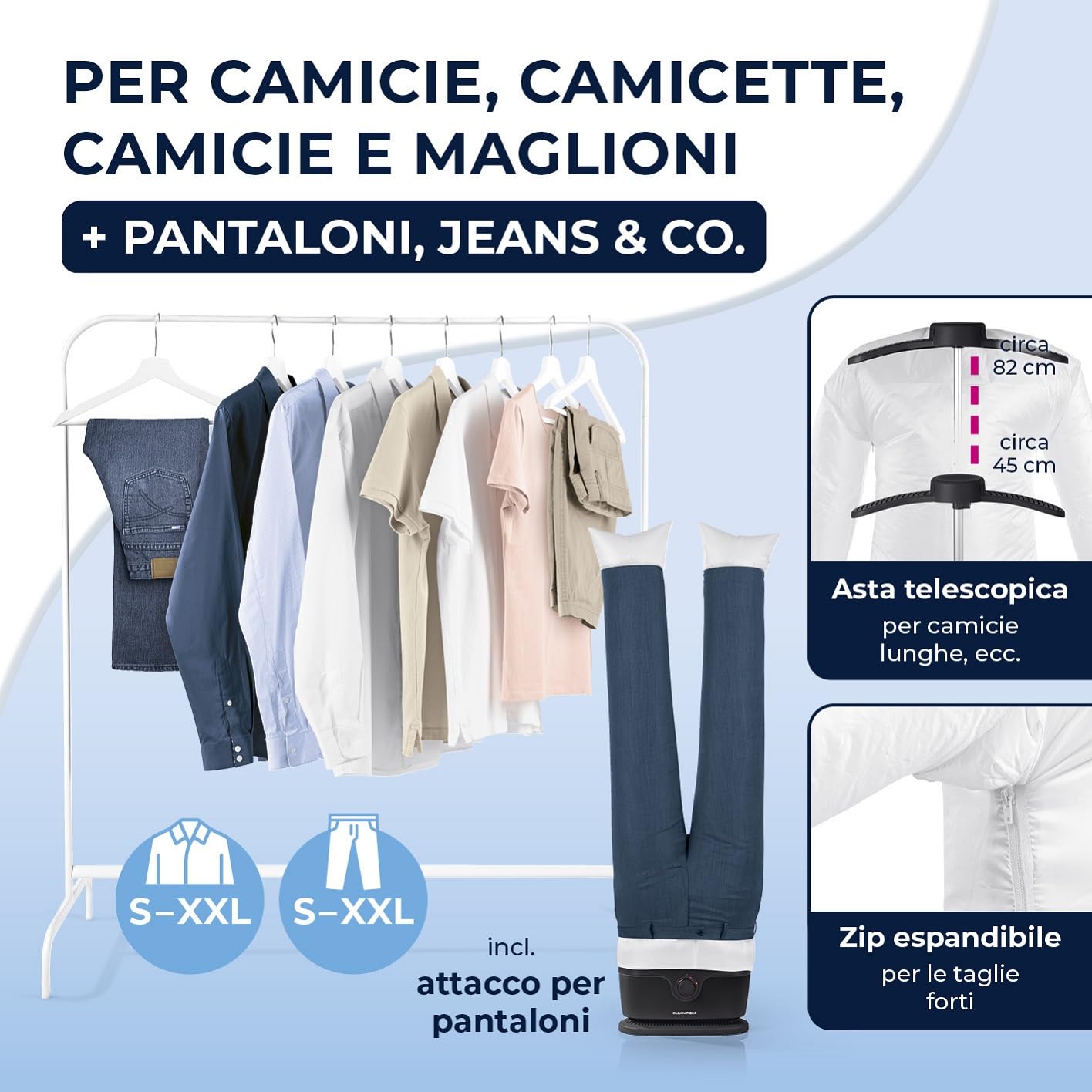 CLEANmaxx Ferro da stiro automatico per camicie PRO con attacco per pantaloni | Sostituisce ferro da stiro, vaporizzatore | Per camicie, camicette e pantaloni | Innovativo ed efficiente