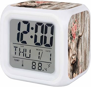 Highland Cows Alarm Clock, Abstract Animal Pink Flower Brown Wood Grain Farm Digital Clock Night Light with 7 Color, Calendar Temperature Display, NightLight Clock for Bedroom, 3.2x3.2in