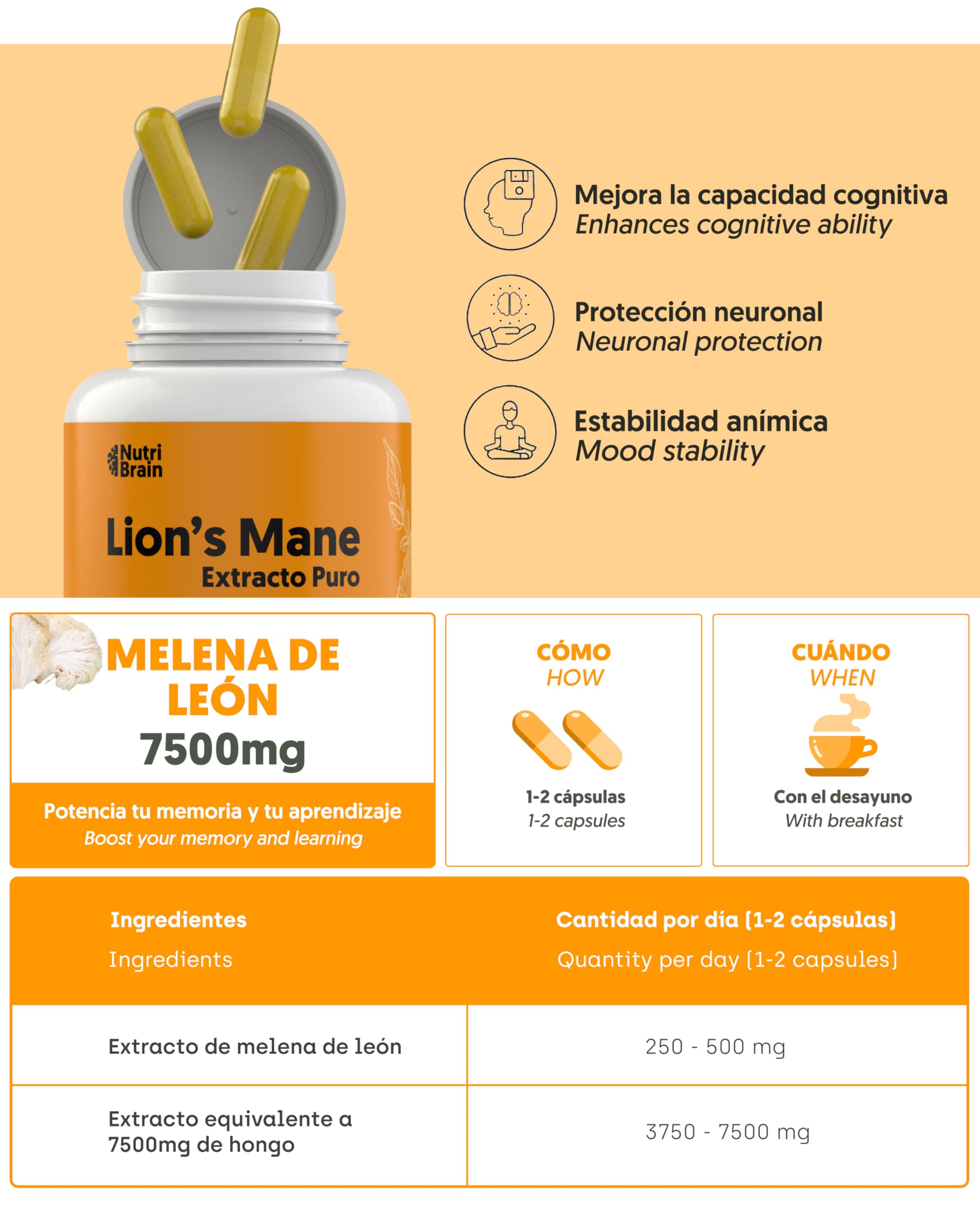 140ud Melena de León Pura 7500mg Ultraconcentrada 50% | NOOTRÓPICO Largo Plazo: Memoria, Concentración y Salud Cerebral | Bienestar Emocional y Gastrointestinal | 100% Cuerpos Fructíferos 15:1