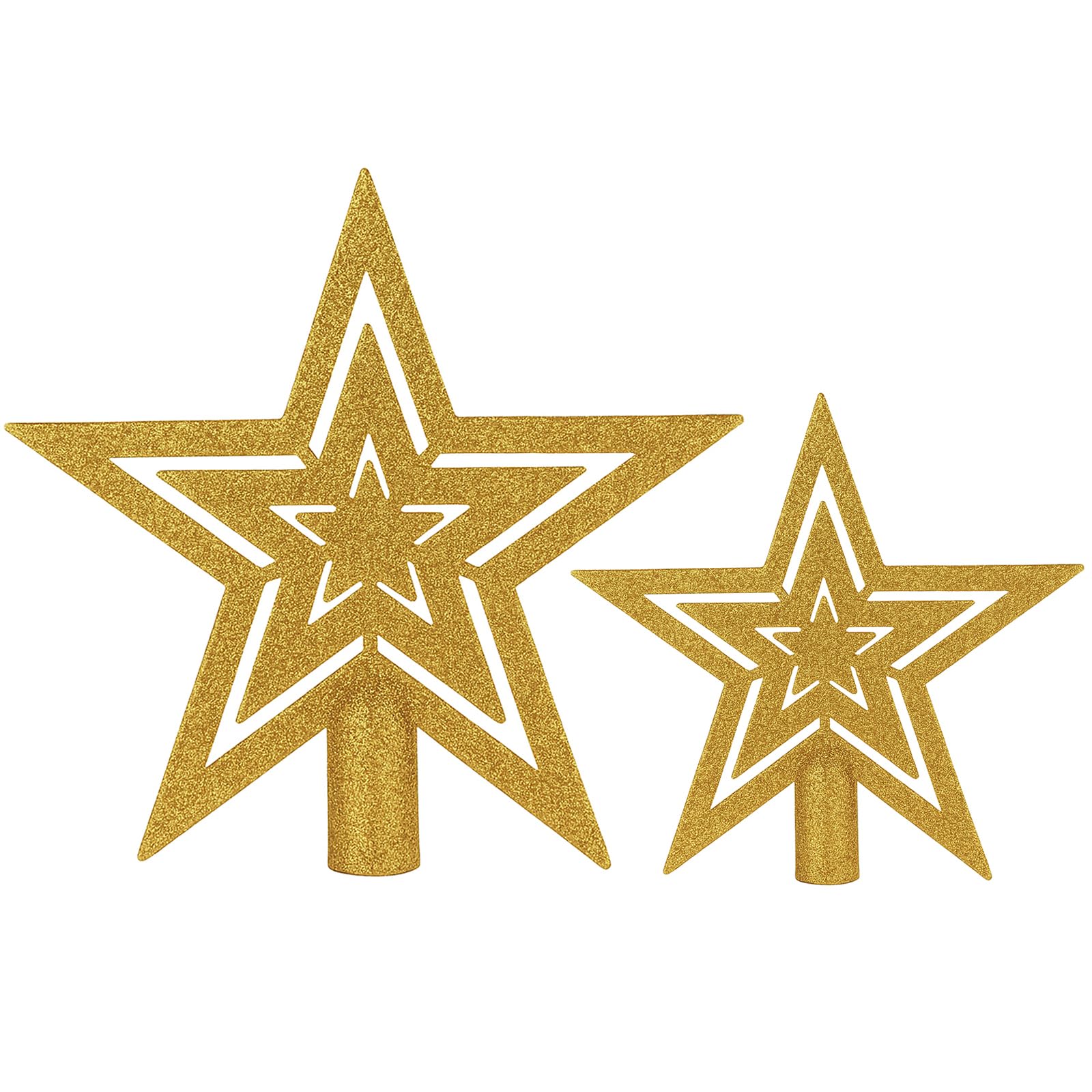 Xyxu Gold Christmas Tree Topper Star Set, 10cm & 15cm – 2-Pack Hollow Glitter Treetop Stars, Sparkly Gold Xmas Tree Decorations, Easy-Fit Tree Top Ornaments for Holiday Home Décor