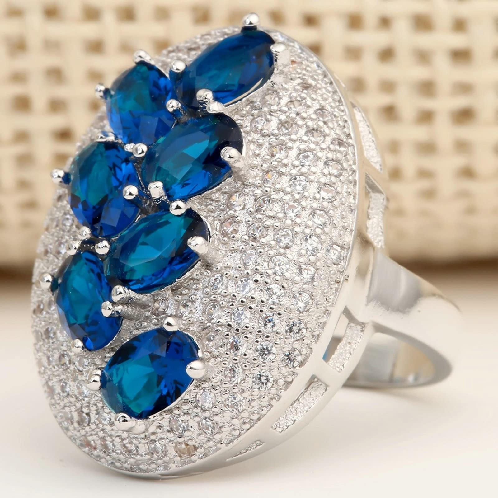 Ringe Blau. Steine, individueller Ring für Damen, plattiert, Mikro-Pavé, Blaue und weiße Zirkonia, Größe mit Box