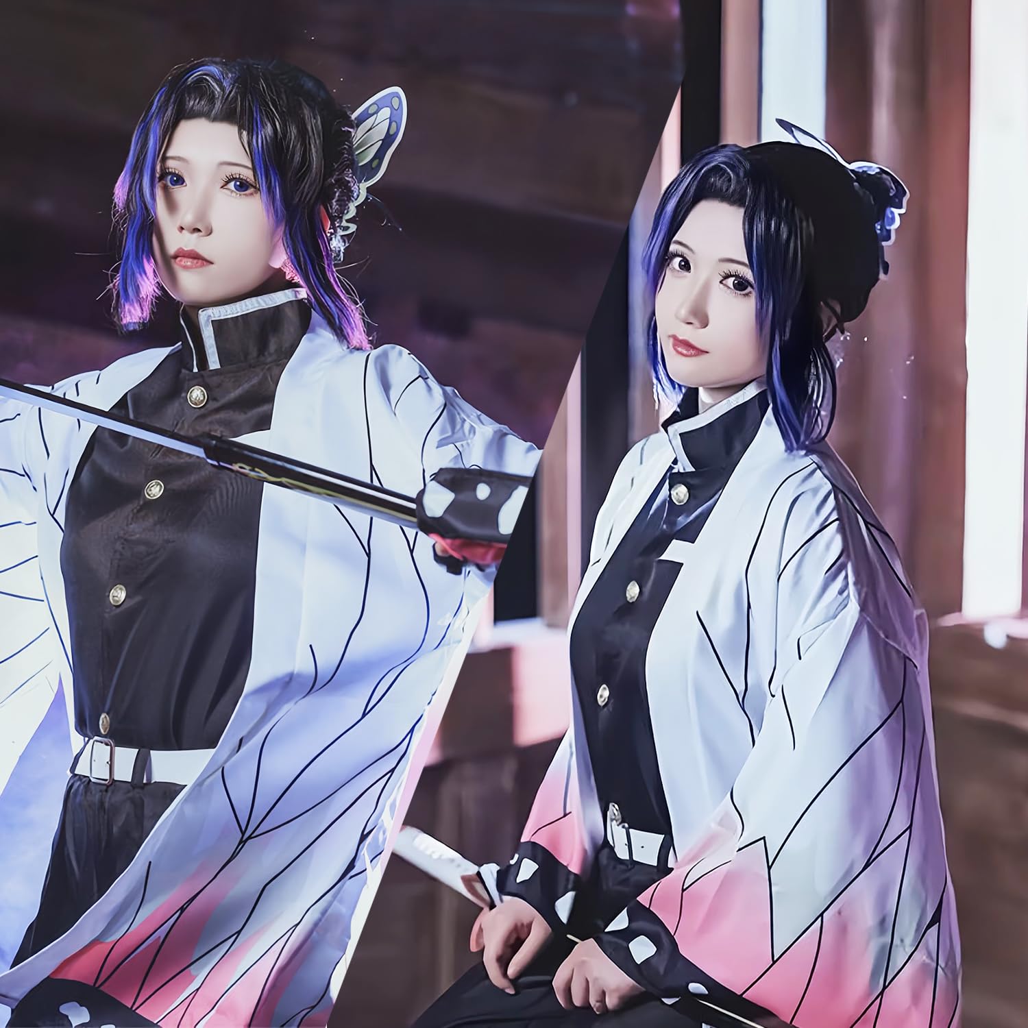 8 Pezzi Kochou Shinobu Costume Cosplay Kimono per Bambini Adulti Costume Anime Giapponese Kimono di Halloween Vestito con Parrucca