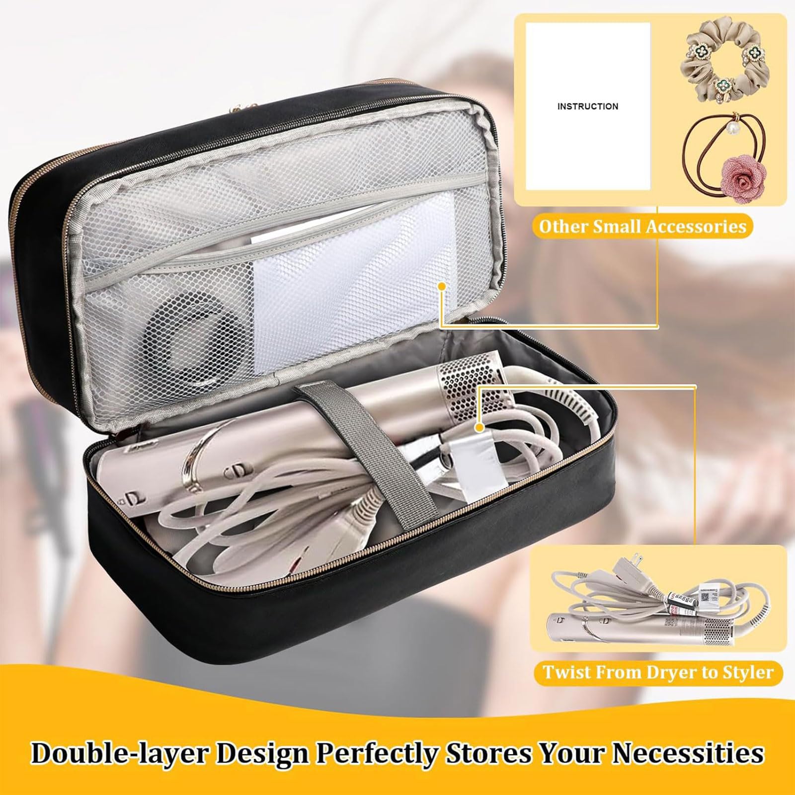 Estuche Multifuncional para secador de y Accesorios Bolsa organizadora de Transporte Impermeable de PU de Doble Capa para desplazamientos Diarios Organizador Multifuncional