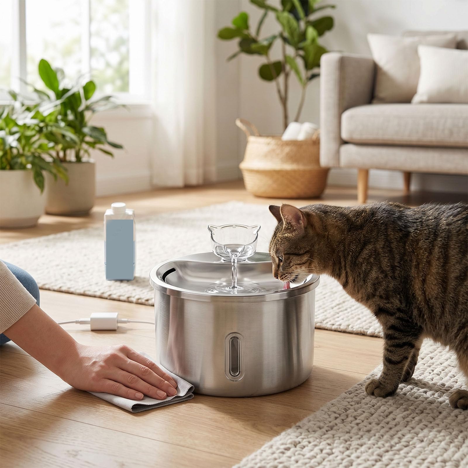 Generic Fuente de Agua para Mascotas de Acero Inoxidable de 2 litros, de Filtración de Circulación Automática con Atractivo Diseño de Luz para Gatos y Perros Pequeños
