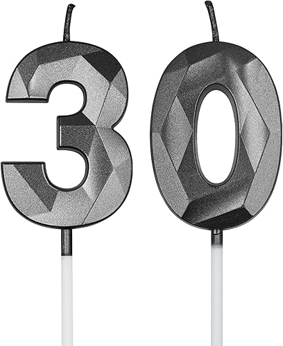 Miniatura 8 de Velas de 30 cumpleaños para tartas, velas plateadas con forma de diamante 30 con forma de diamante, decoraciones de cumpleaños, suministros de