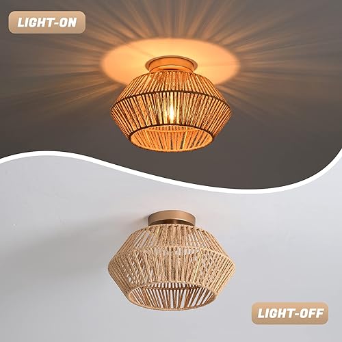 Miniatura 5 de WOKNOS Lámpara de techo tejida de ratán empotrado para granja cuerda de cáñamo mini lámpara bohemia para dormitorio pasillo entrada estudio baño