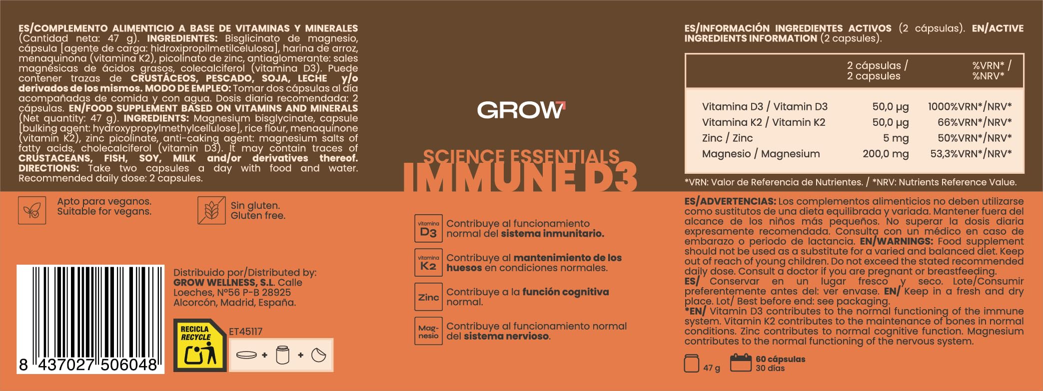 Grow Wellness - Immune D3 Vitamina D3 y K2 con Zinc y Magnesio, 60 Cápsulas