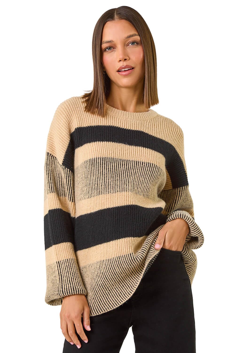 Roman Originals Soft Knit Blouson Jumper for Women UK - Ladies Everyday Autumn Winter Crew Neckline Comfy Soft Evening Vacation Work Party Night Out - Camel - Size 14