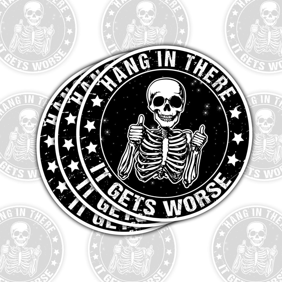 3 Pcs Hang in There It Gets Worse Sticker, Skeleton Funny Sarcastic Decal, Mental Health Stickers, Rainbow Sticker Water Assistant for Book Notebook