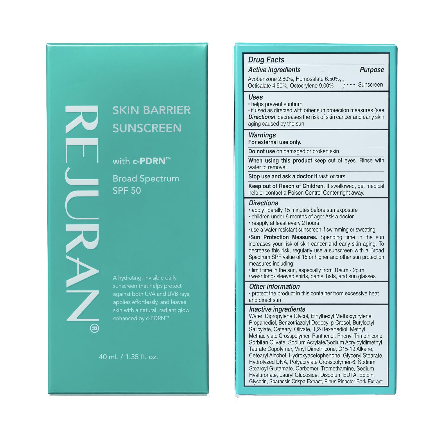 REJURAN Skin Barrier Sunscreen SPF 50, c-PDRN® Daily Sunscreen, 1.35 fl oz