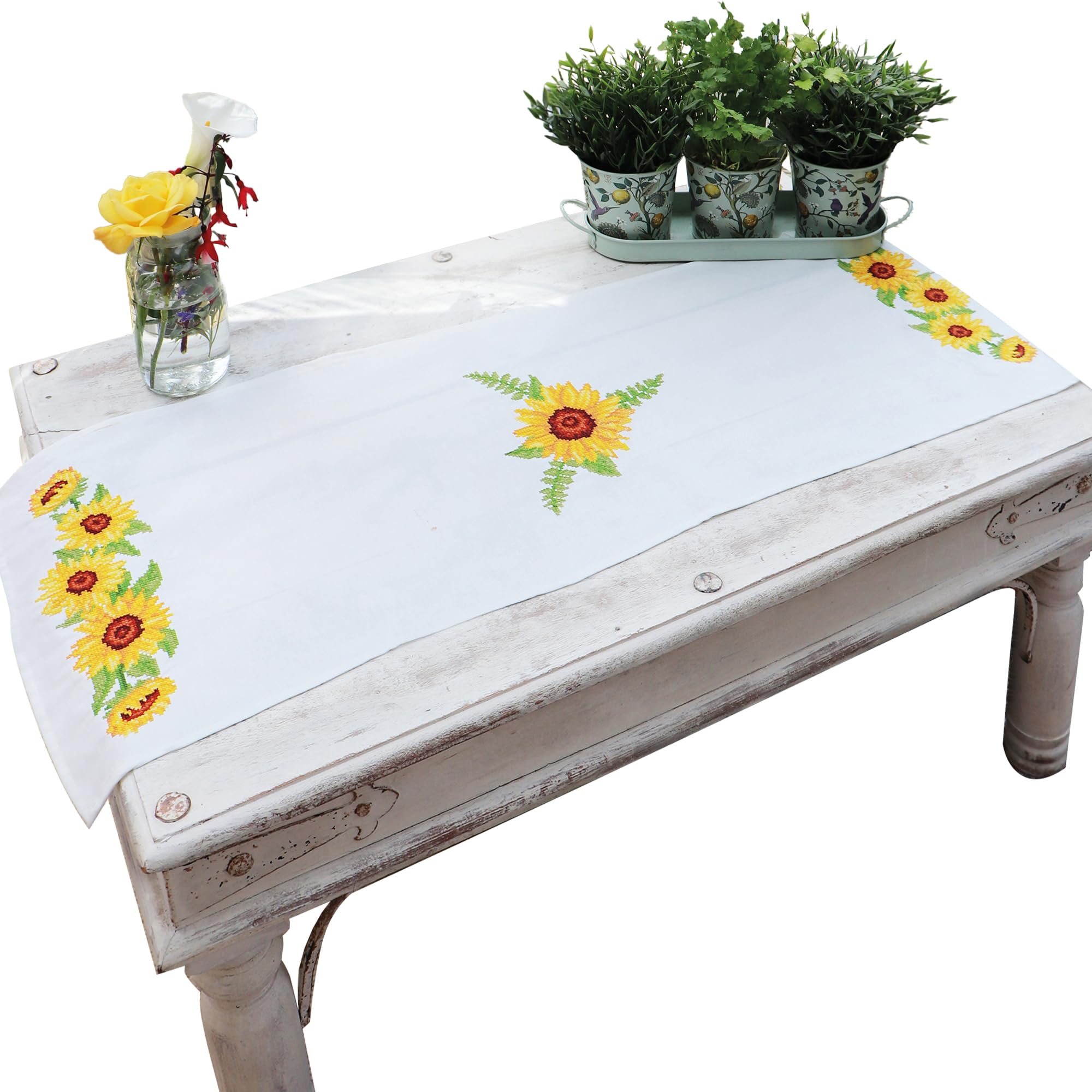Trimits Printed Cross Stitch Kit - Table Runner - Includes, Printed Fabric, Threads, Needle & Instructions, 40 x 100cm, Sunflowers