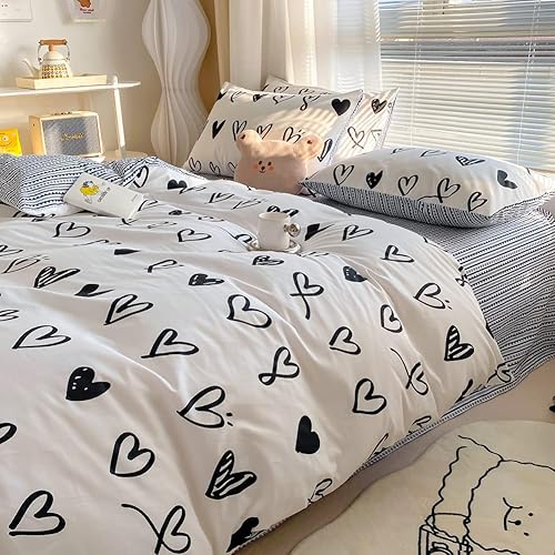 Miniatura 3 de BlueBlue Juego de funda de edredón con corazones para niños, ropa de cama 100% algodón para niños, niñas, adolescentes, dibujos animados en negro y