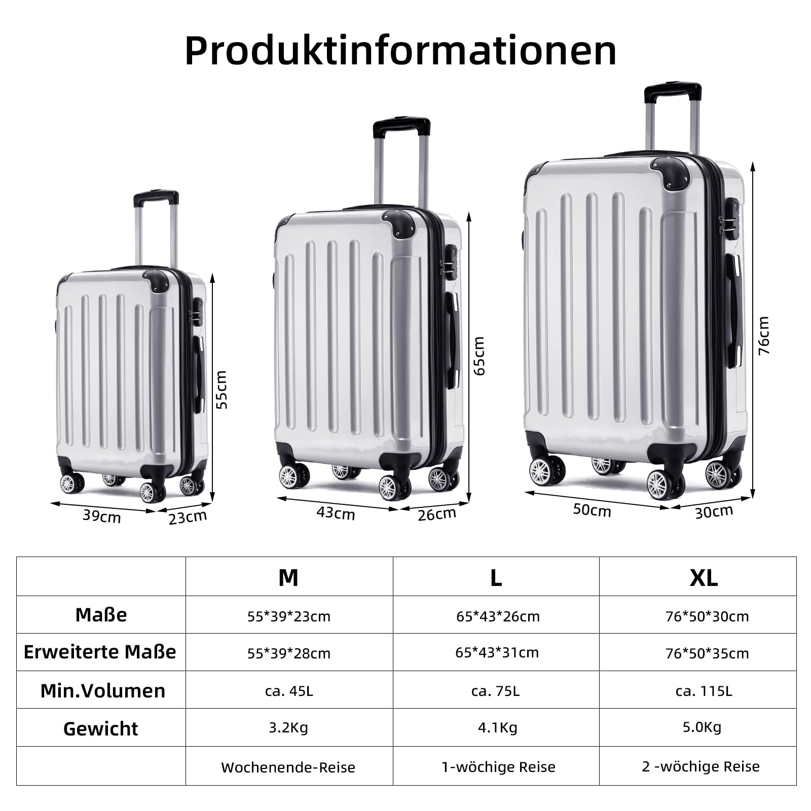 BEIBYE Zwillingsrollen 2048 Hartschale Trolley Koffer Reisekoffer Gepäck M-L-XL-Set Silber XL