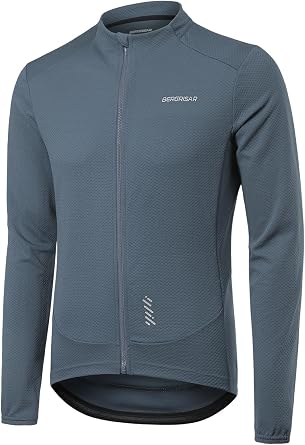 BERGRISAR Mens Long Sleeve Cycling Jersey Full Zip Road Bike Shirt | Moisture-Wicking Fabric, 3 Rear Pockets + 1 Zippered Pocket, Spring & Fall Riding