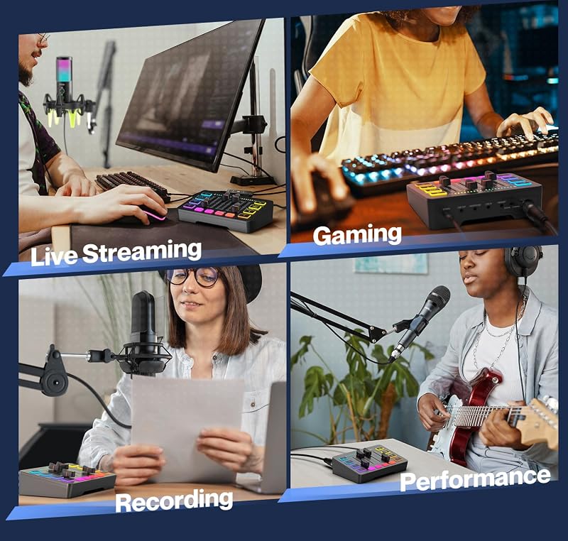 FIFINE Gaming Audio Mixer RGB XLR Mikrofon Interfész Podcast Streaming