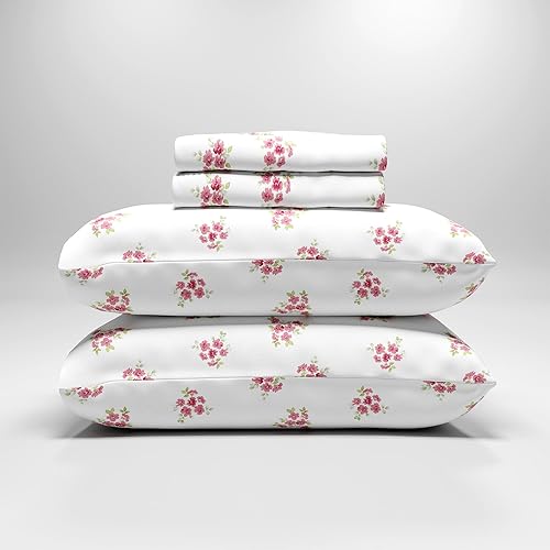 Color Sense Sábanas ricas de algodón percal para hotel, sábanas de tamaño Queen con estampado floral rosa, resistentes a las arrugas, cepilladas disponible en Yaxa Peru