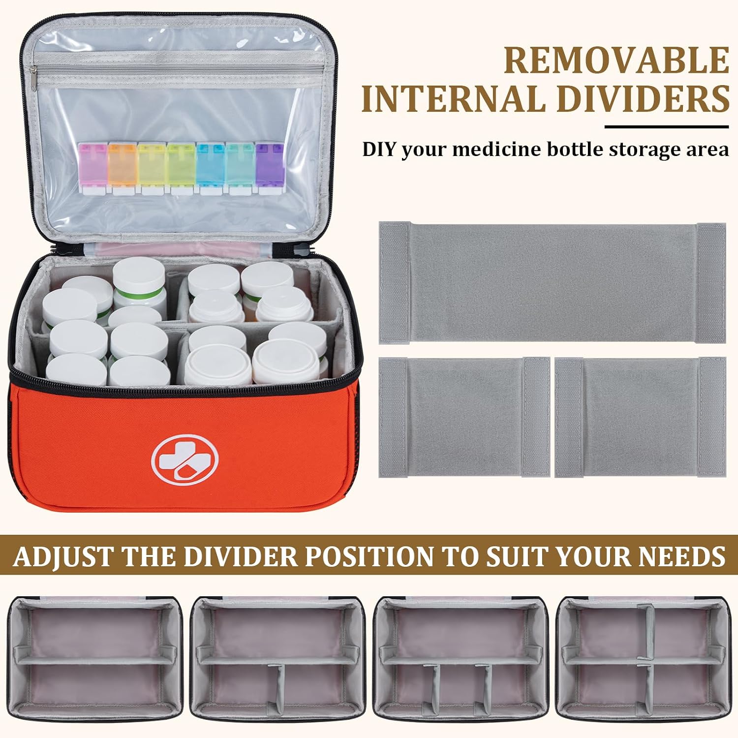 Dual Layers Pill Bottle Organizer Storage with Lockable Zipper Medicine Organizer Bag, Lockable Medicine Travel Case for Pills, Vitamins, Medical Supplies, Dark Orange