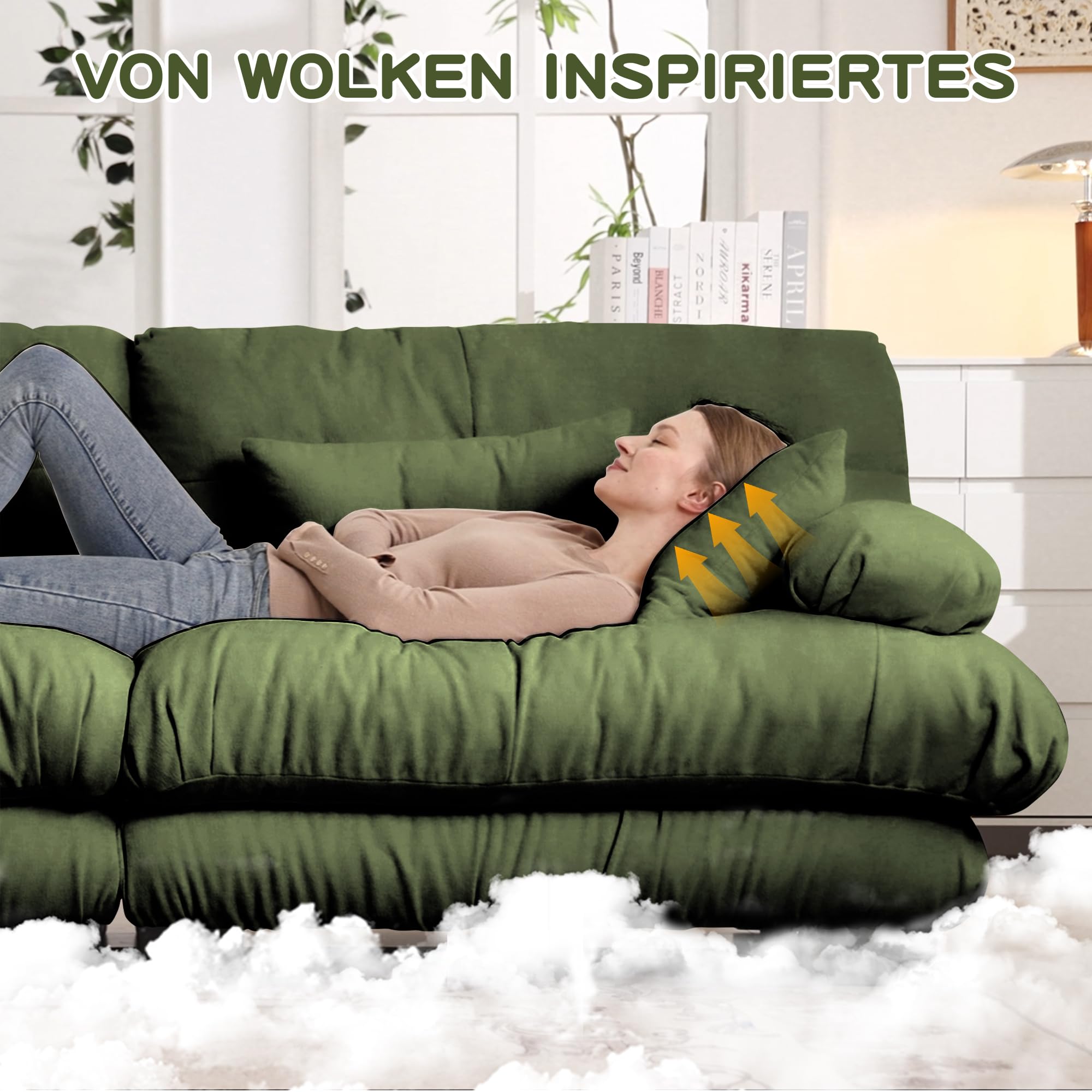 Muskel Modernes Cloud 2-Sitzer Sofa für Wohnzimmer, Loveseat Couch Chenille Doppelsofa mit Lendenkissen und Dekokissen, Massivholzrahmen (Grün, 2-Sitzer)