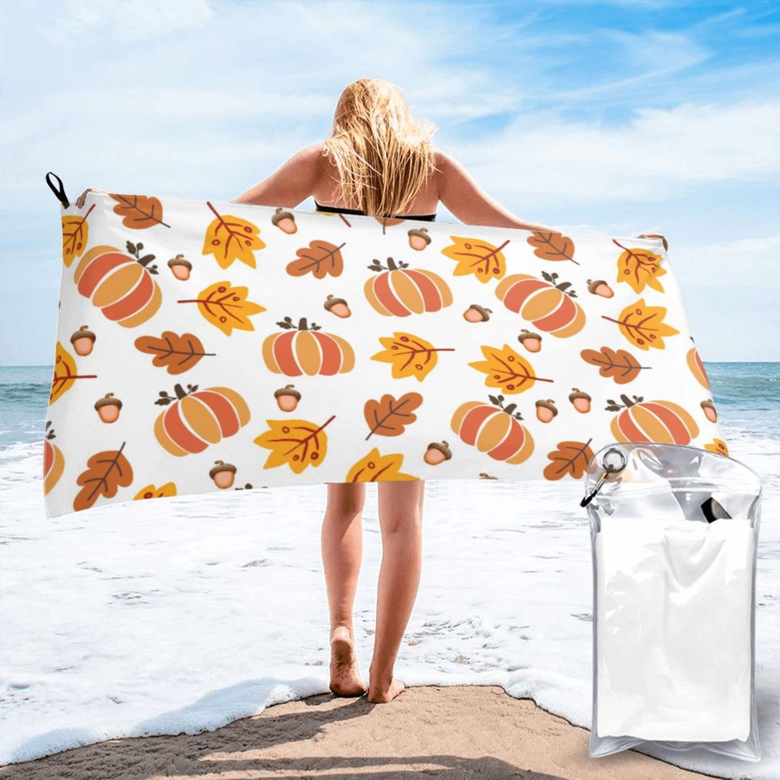 Lawenp Thanksgiving Pumpkin Microfiber Beach Towel Adults Large Quick Drying Bath Towel Travel Towels with Pouch 31.5"x63"