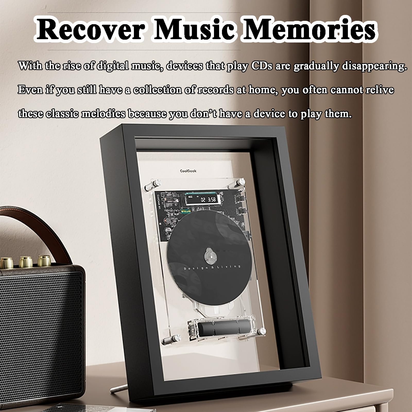 Lettore CD Decorativo, Cornice Musicale con Telecomando, Bluetooth 5.0/Uscita AUX 3,5 Mm, 2 Opzioni di Posizionamento, per Casa, Ufficio e Galleria