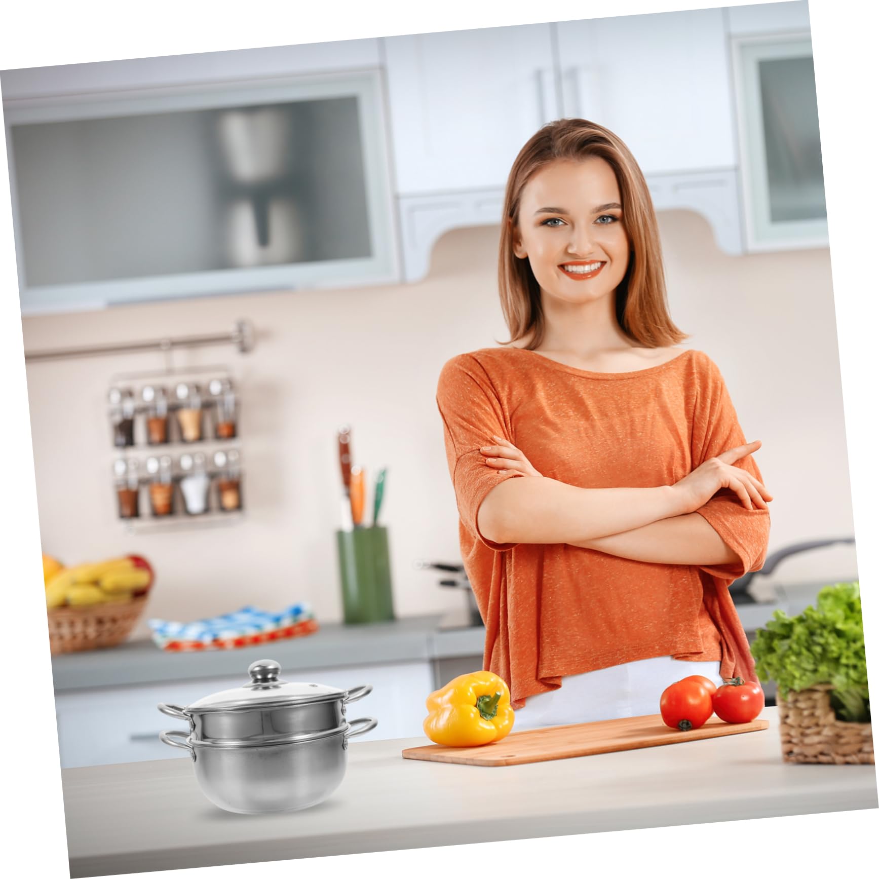 Vaporera Acero Inoxidable de 2 Niveles, Olla Vaporera para Verduras Tapa de Vidrio y Mango, Apta Cocina