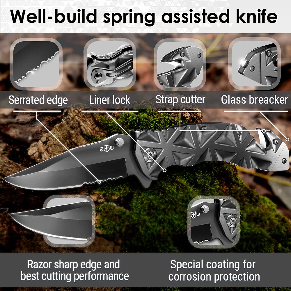Black Pocket Knife Serrated Sharp 3,5" Blade Folding Knives Spring