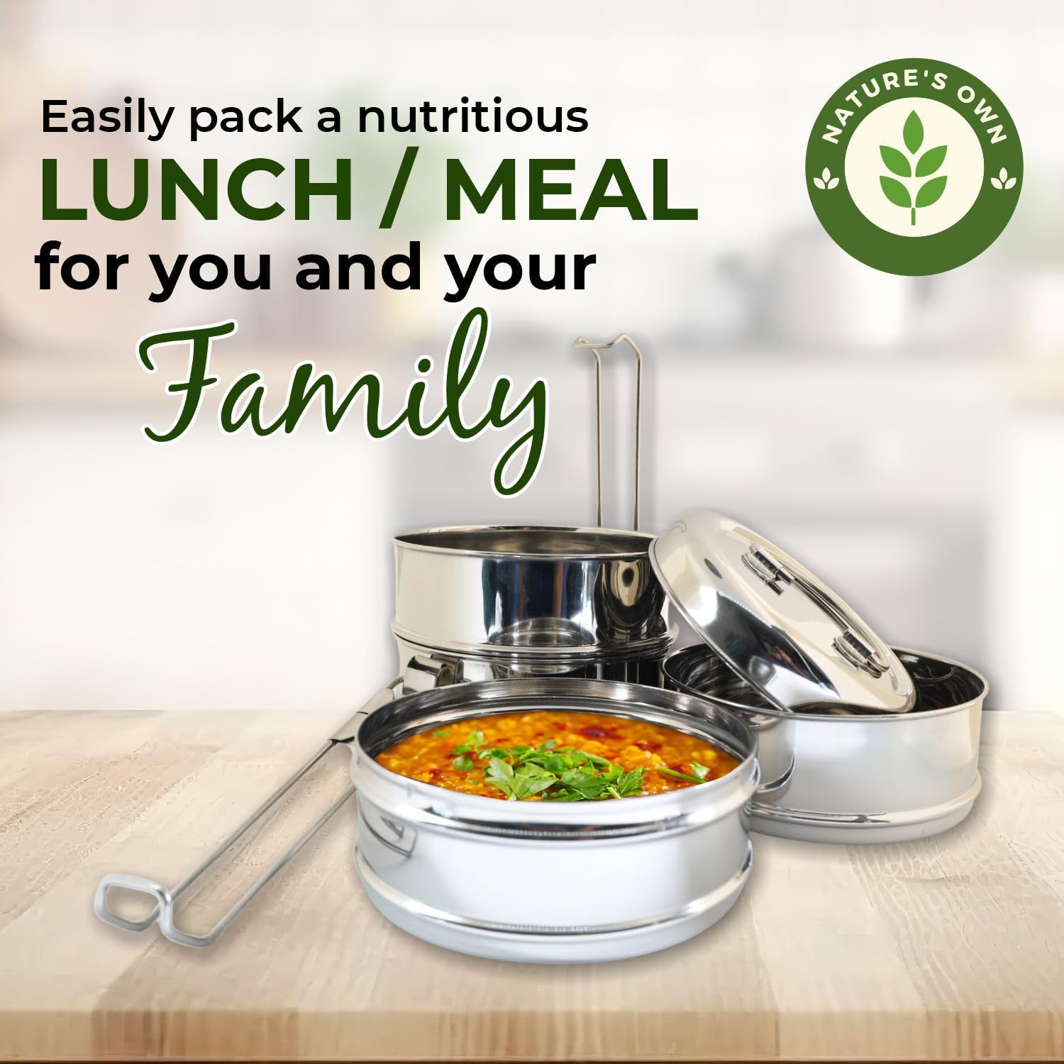 Nature's Own Indian-Tiffin Stainless Steel 4 Tier Large Lunch Box Snack Box/Food Container Airtight Leak Proof 4Compartment Suitable for Office Use, Outdoor Lunches/Dining - Image 8