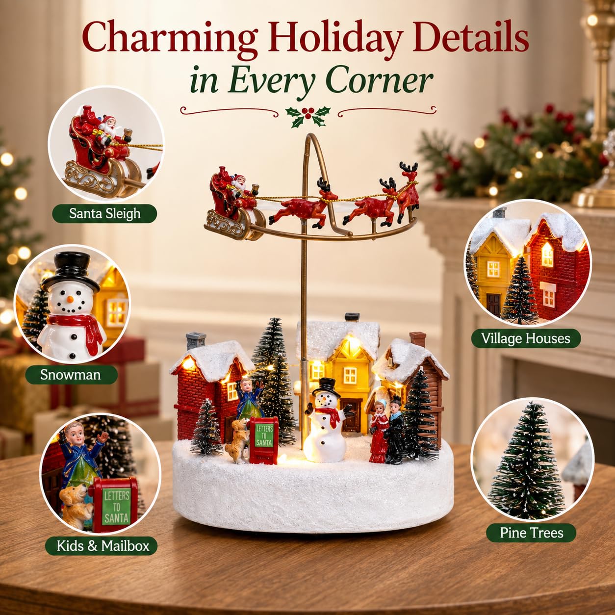 Candieslife Decoración animada de pueblo de Navidad, figura de mesa con diseño de Papá Noel volador y reno en el aire, figura de mesa iluminada de invierno con casas y muñeco de nieve, centro de mesa