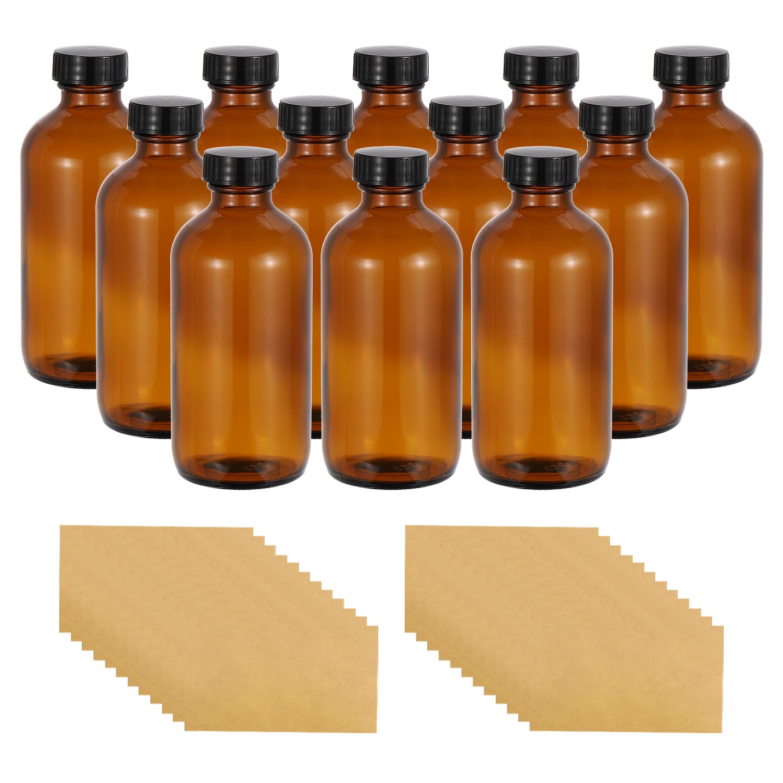 PATIKIL Frascos De Muestra De Vidrio De 8 Onzas (240 ml), 12 Piezas Frascos Redondos Con Tapón Cónico Negro De Polietileno, 24 Piezas Etiquetas Para Líquidos Reactivos, Perfume, Ámbar