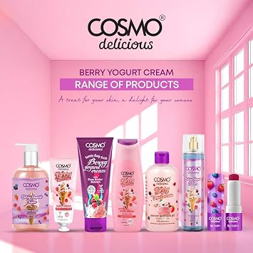 Cosmo Skin Care Delicious Berry Yogurt Cream 3 Pieces Gift Set For Women & Men, 150ml Fragrance Mist, 350ml Aloe Vera Shower Gel, 200ml Shea Butter Body Lotion, Creamy Berry Fragrance