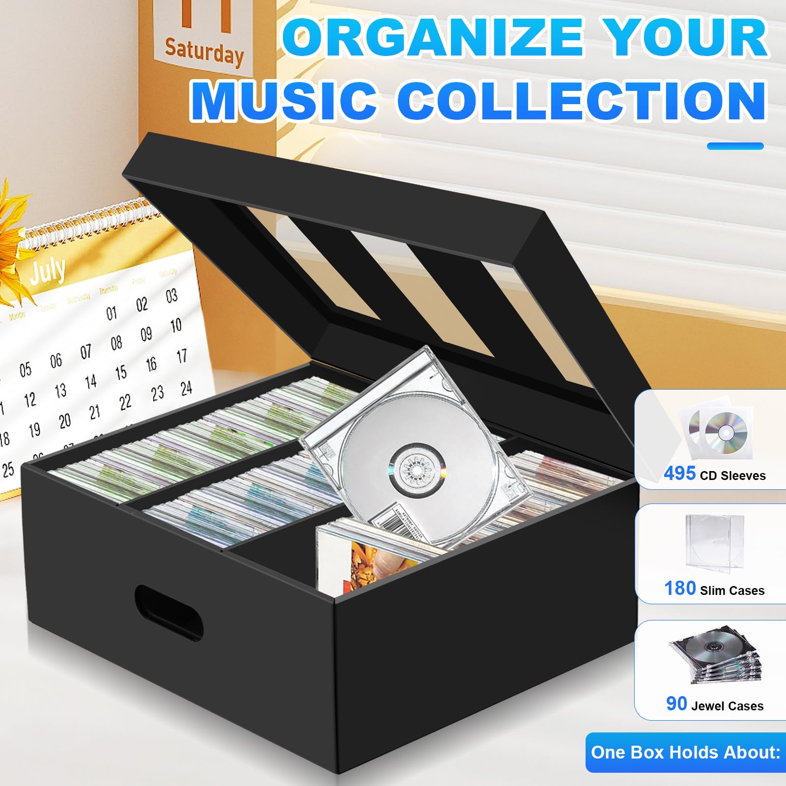 3 Pack CD Storage Boxes with 3 Compartment, CD Case Storage Cardboard DVD Case Holder with PVC Clear Lid, Each Holds 90 CDs in Full Jewel Cases,180 CDs in Slim Cases, 495 Discs in Sleeves - 4