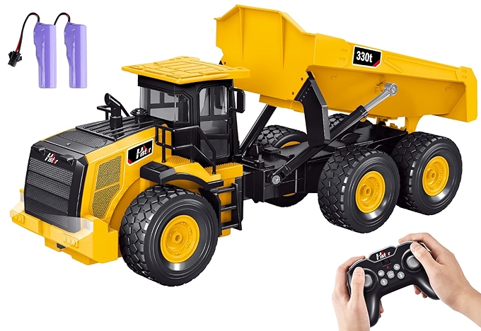 NOKA 遥控翻斗卡车玩具 1:18比例工程运输车 带灯光和音效 适合6岁以上儿童的生日礼物