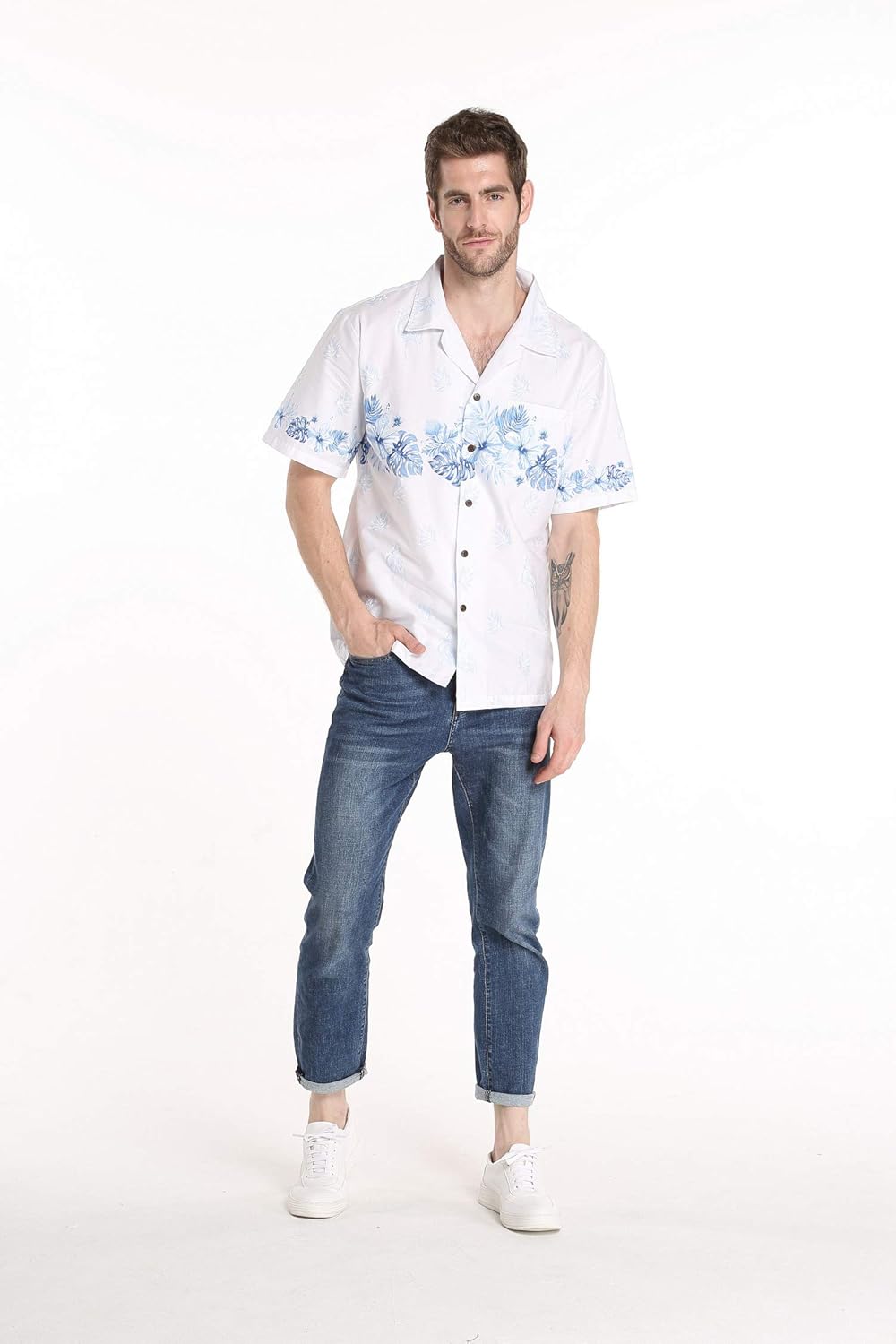 Matchable Family Hawaiian Luau Men Women Girl Boy Clothes in White with Blue Hibiscus - Image 6