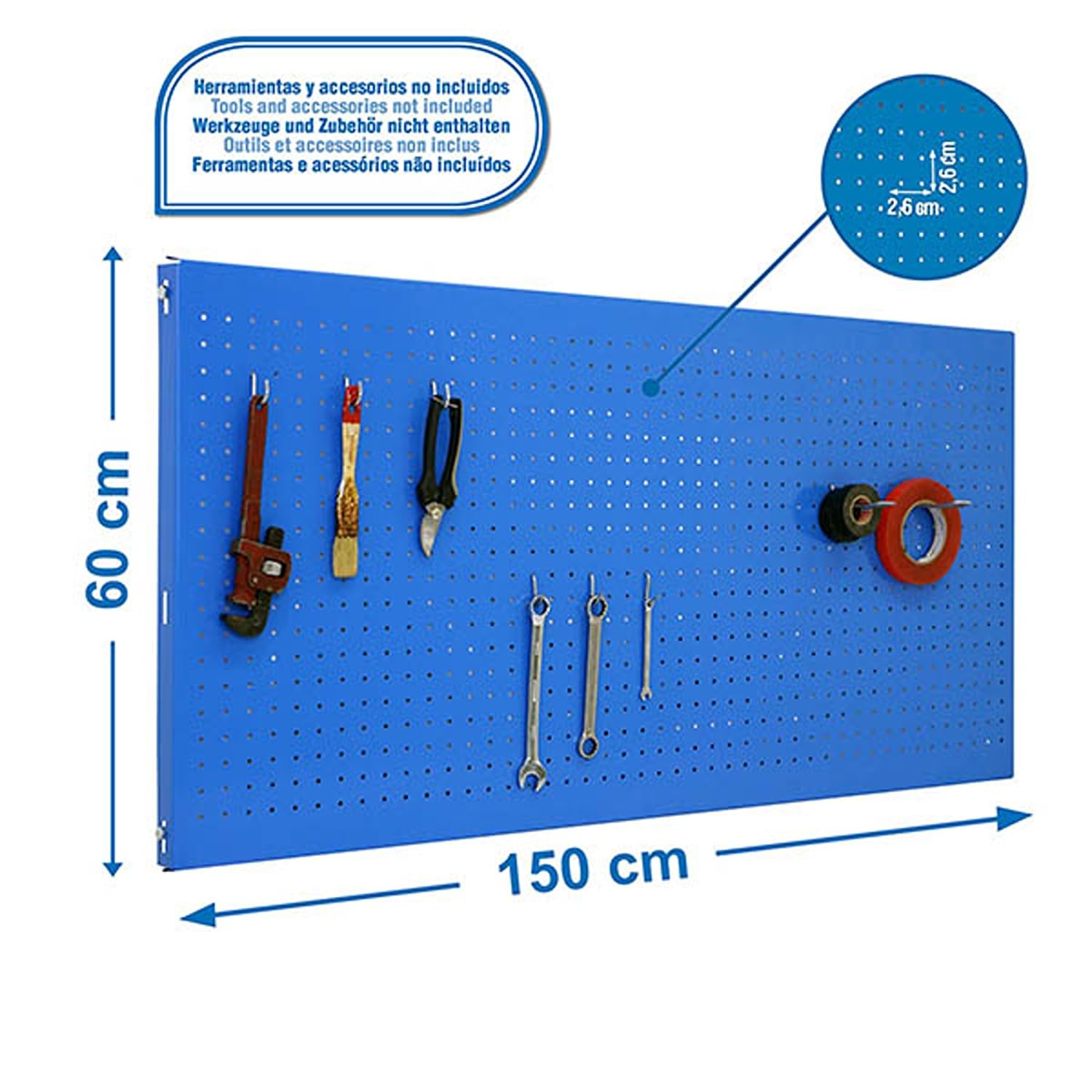 Simon Rack Pannello Portautensili in Metallo, Pannelli per attrezzi, Include 8 Ganci, 1500x600 mm, Blu - Simonwork