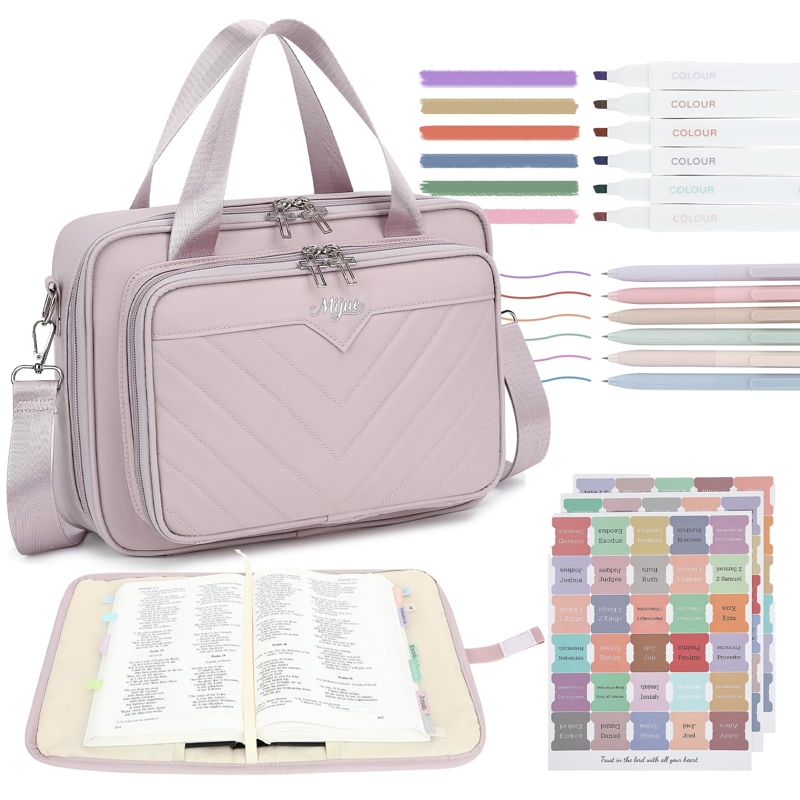 Custodia per bibbia da donna, borsa della Bibbia con tracolla, penna gel colorata, etichetta indice/evidenziatore, kit di diario biblico adesivo morbido a mano, design con cerniera incrociata