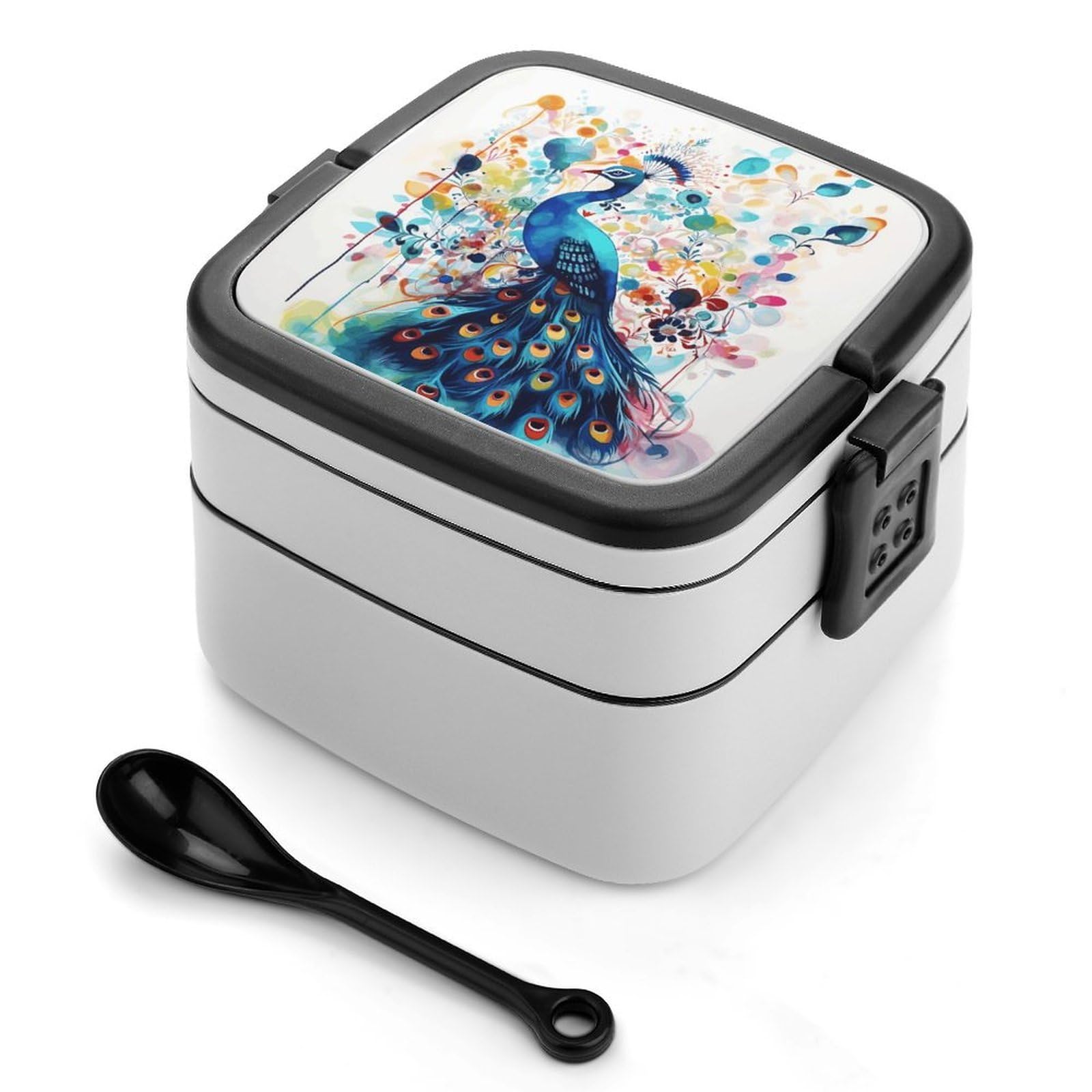 FekiLoot Color Peacock Bento Box Adult Lunch Box Sealed Bento Lunch Boxes with Spoon Sturdy Double Layer Bento Boxes Snap-on Design Leak Proof Lunch Containers Ideal for Work