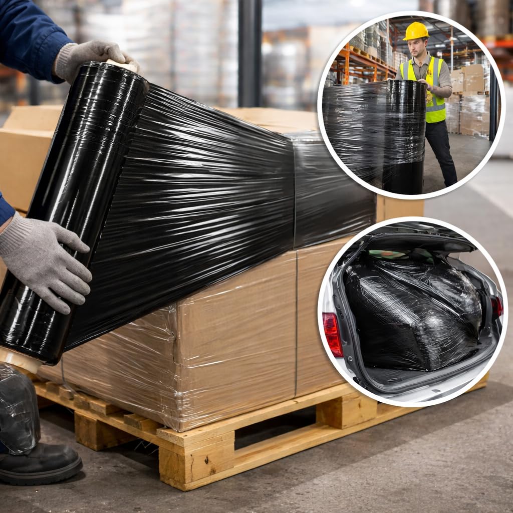 Stretchfolie 1,5kg - 6 Rollen - 170 m x 50 cm - 23 my - Schwarz – Extra Stark & Reißfest – Palettenfolie Wickelfolie für Umzug - Lager & Verpackung - Strechfolienrolle