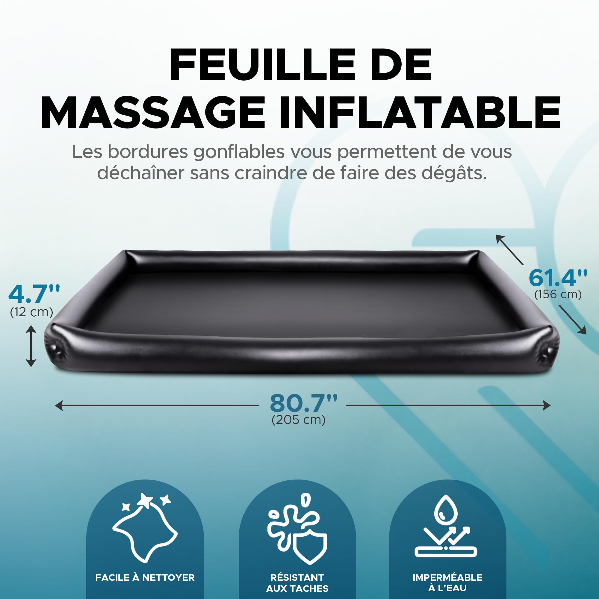 Drap de Massage Nuru Gonflable PVC Noir Imperméable Protection Huile Eau Silicone