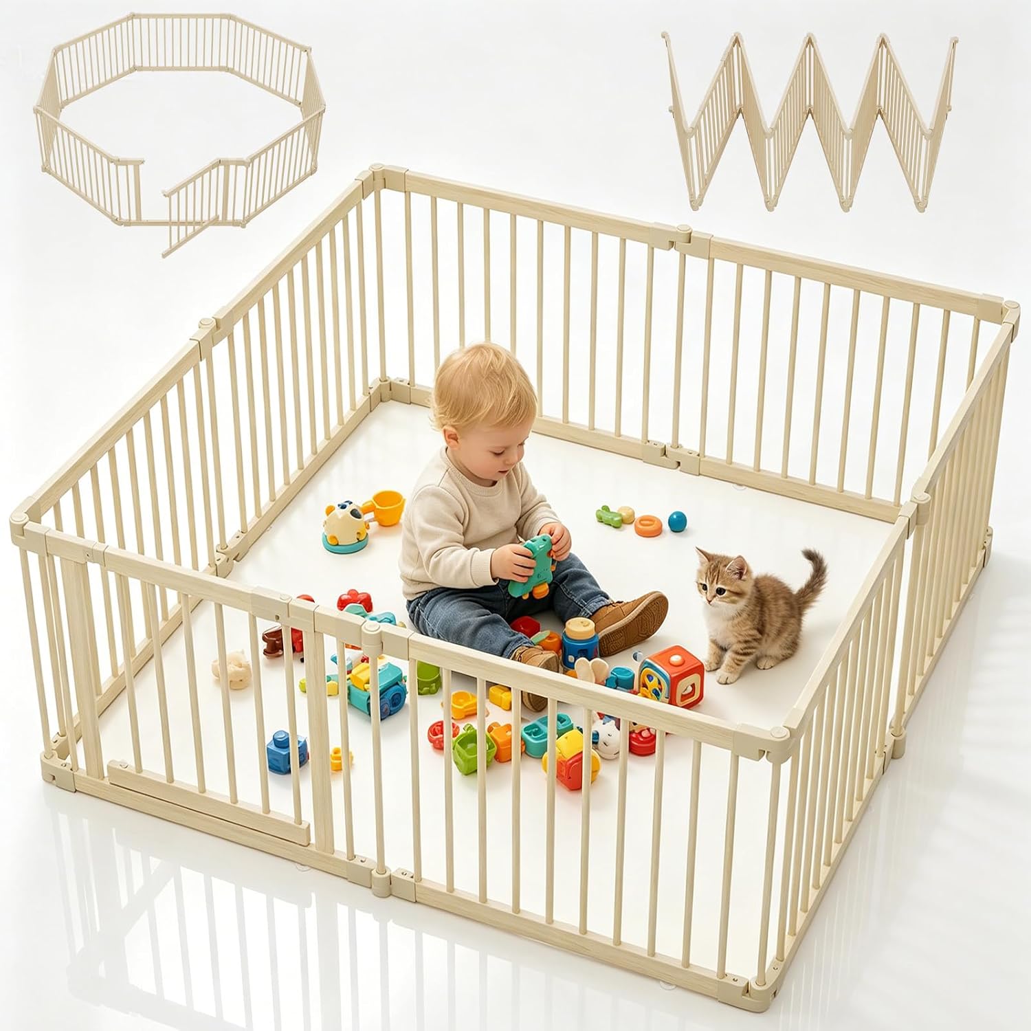 64x64in Foldable Wooden Baby Playpen with Gate, Child Safety Lock, Modular Indoor Play Yard with Suction Cups, Expandable Toddlers Playpens Great Gifts for Babies Boys Girls