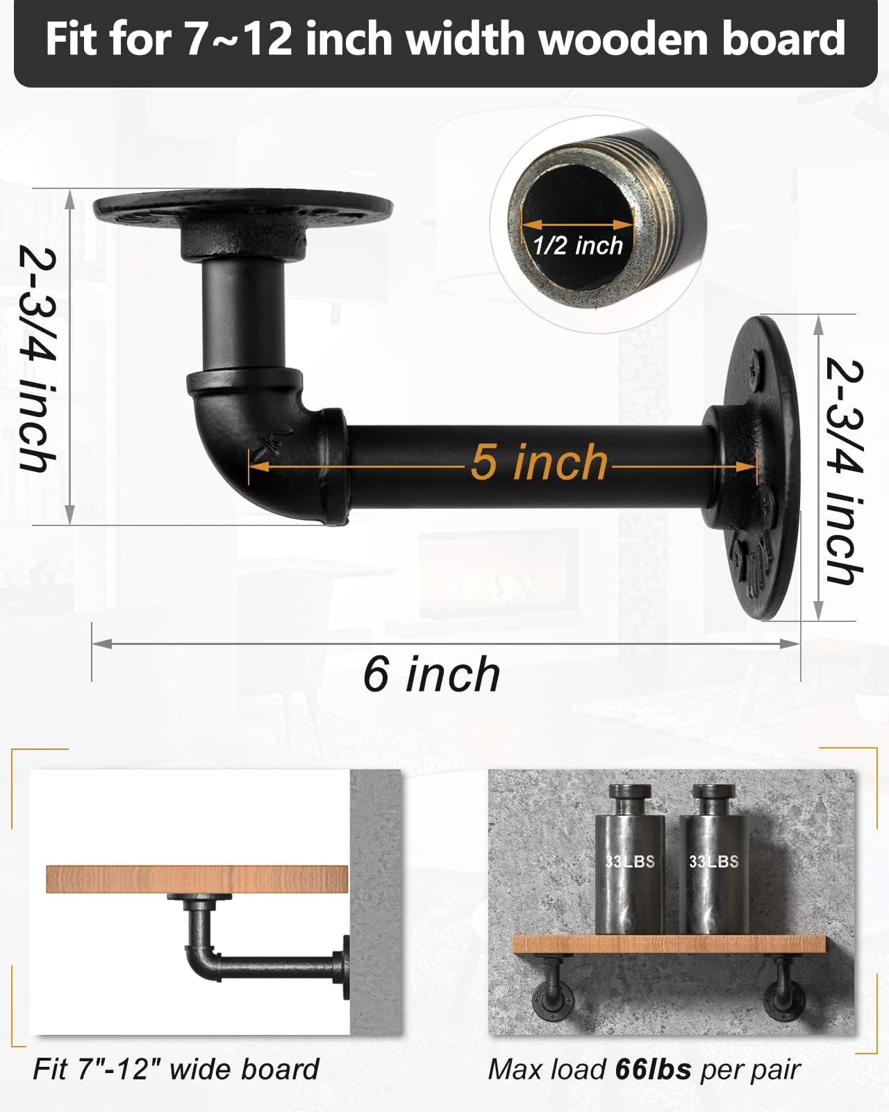 LuckIn Paquete de 10 soportes de estante de tubería para estantes flotantes de 8, 10 y 12 pulgadas, soporte de tubería de hierro industrial, soportes de estantería de metal resistente, color negro