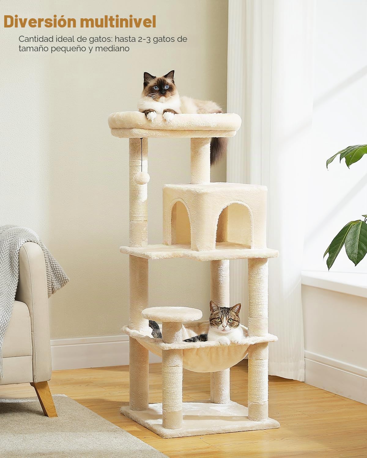 PAWZ Road Árbol para Gatos Con Hamaca de Felpa de Metal, Torre Con Casa Condo de 2 Puertas, Estantes de 6 Niveles Con Poste Rascador, Gran Barra Superior Beige 116 cm