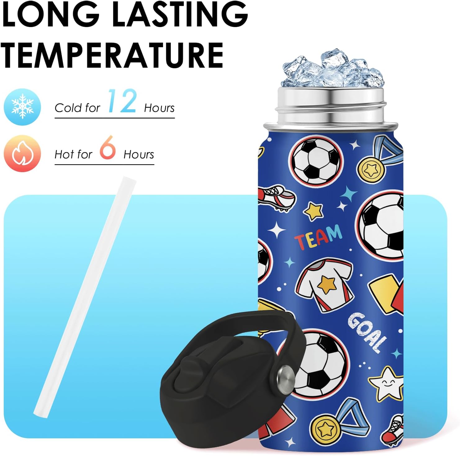 Soccer Gifts for Kids - 16 Oz Kids Water Bottle with Straw Lid, Stainless Steel Insulated Tumbler, Leak Proof, BPA-Free, for Girls, School, Travel - Soccer Lovers Children Birthday Gifts Cups(1pc) image 4