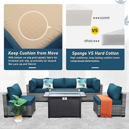 Miniatura 9 de Juego de 7 muebles de mimbre para patio, juego de sofá de conversación seccional de ratán PE para exteriores con mesa para fogata, cojines