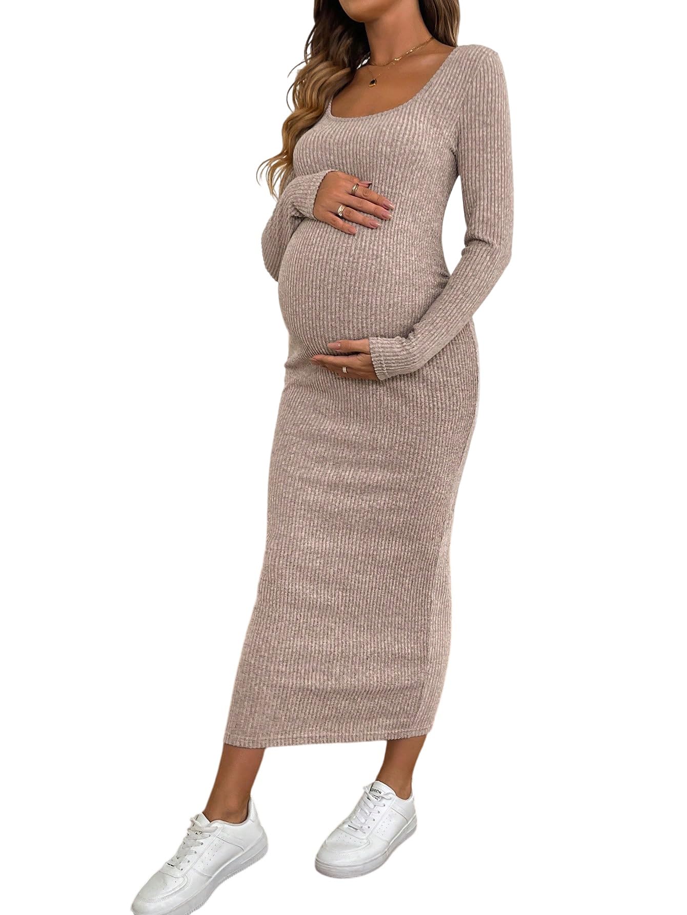 GORGLITTER Robe moulante élégante en tricot pour femme enceinte - Robe midi à manches longues - Couleur unie - Robe décontractée - Tenue d'automne