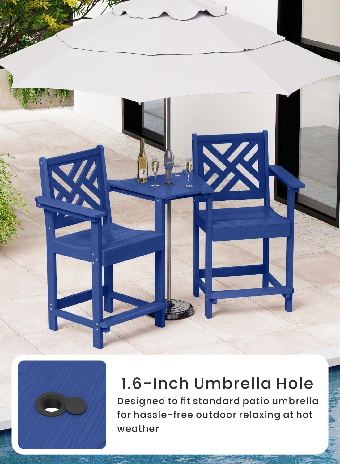 Tall Adirondack Chairs Set of 2, Outdoor 24'' Counter Height Bar Stools with Back and Arms, All-Weather HDPE Patio Tall Chairs for Balcony, Backyard, Garden, Deck (Navy Blue)