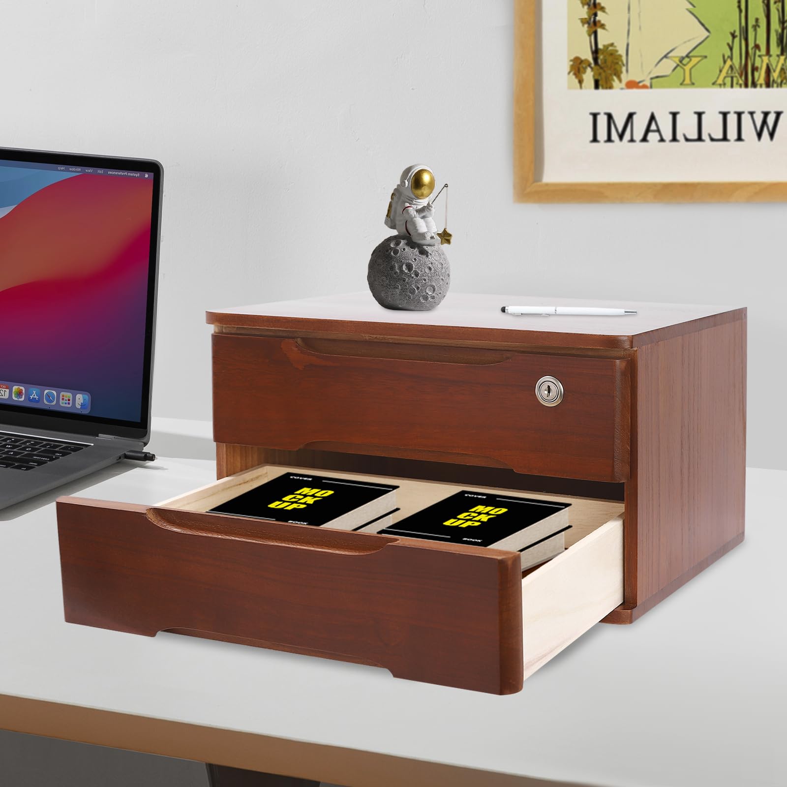 Cassettiera in legno, a 2 livelli, organizer da scrivania con cassetti richiudibili, mini cassettiera con serratura, 39 x 30 x 21,5 cm, per uffici, camera da letto, ecc. (noce)