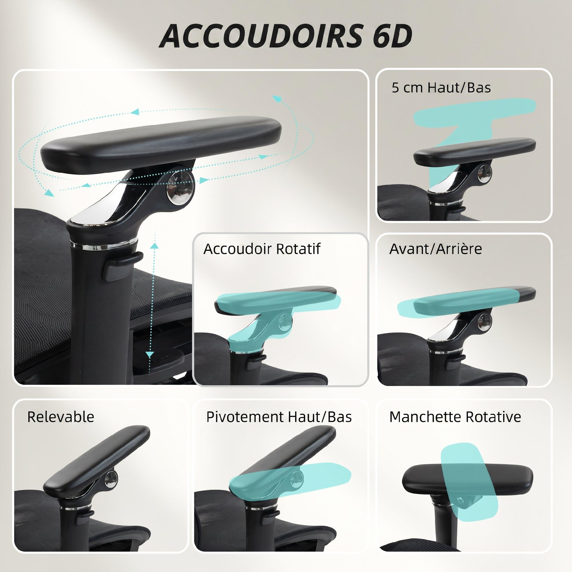 HOMCOM Chaise Bureau Ergonomique en Maille Inclinable Accoudoirs 6D Noir