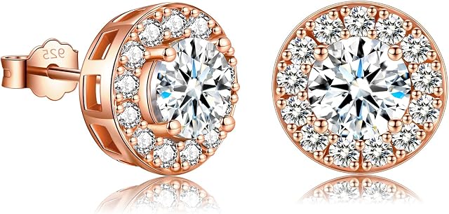 EPIRORA Silver Stud Earrings for Women Girls, Sterling Silver Round Halo Cubic Zirconia Studs, Dainty Bridal Diamond Stud Earrings Jewellery Set for Wedding Anniversary (Silver, Gold, Rose Gold)