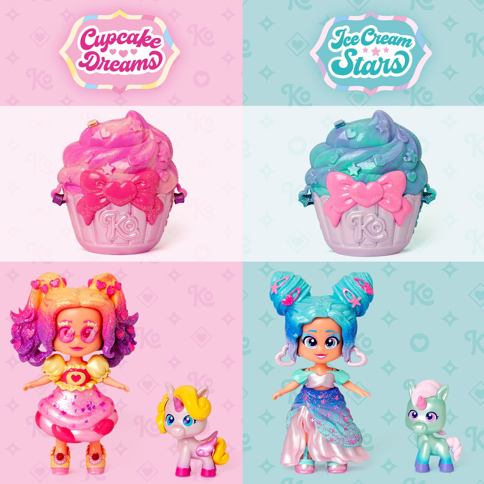 KOOKYLOOS CANDY LAND ICE CREAM STARS – 3 w 1 słodka stylowa lalka,zawartość:1 laleczka,3 stroje,2 pary bucików, mały jednorożec,przekąska, akcesoria Mix&Match i niebiesko-turkusowa torebka babeczka.