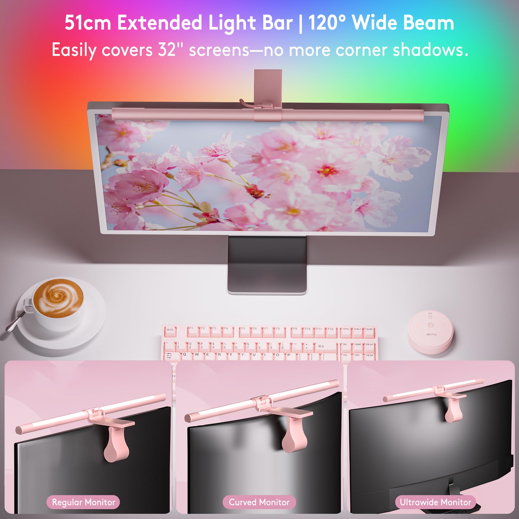 Quntis 51cm różowa listwa oświetleniowa monitora z pilotem i podświetleniem RGB, zakrzywiona lampa monitora komputerowego, regulacja temperatury barwowej i jasności, brak odblasków, ochrona oczu